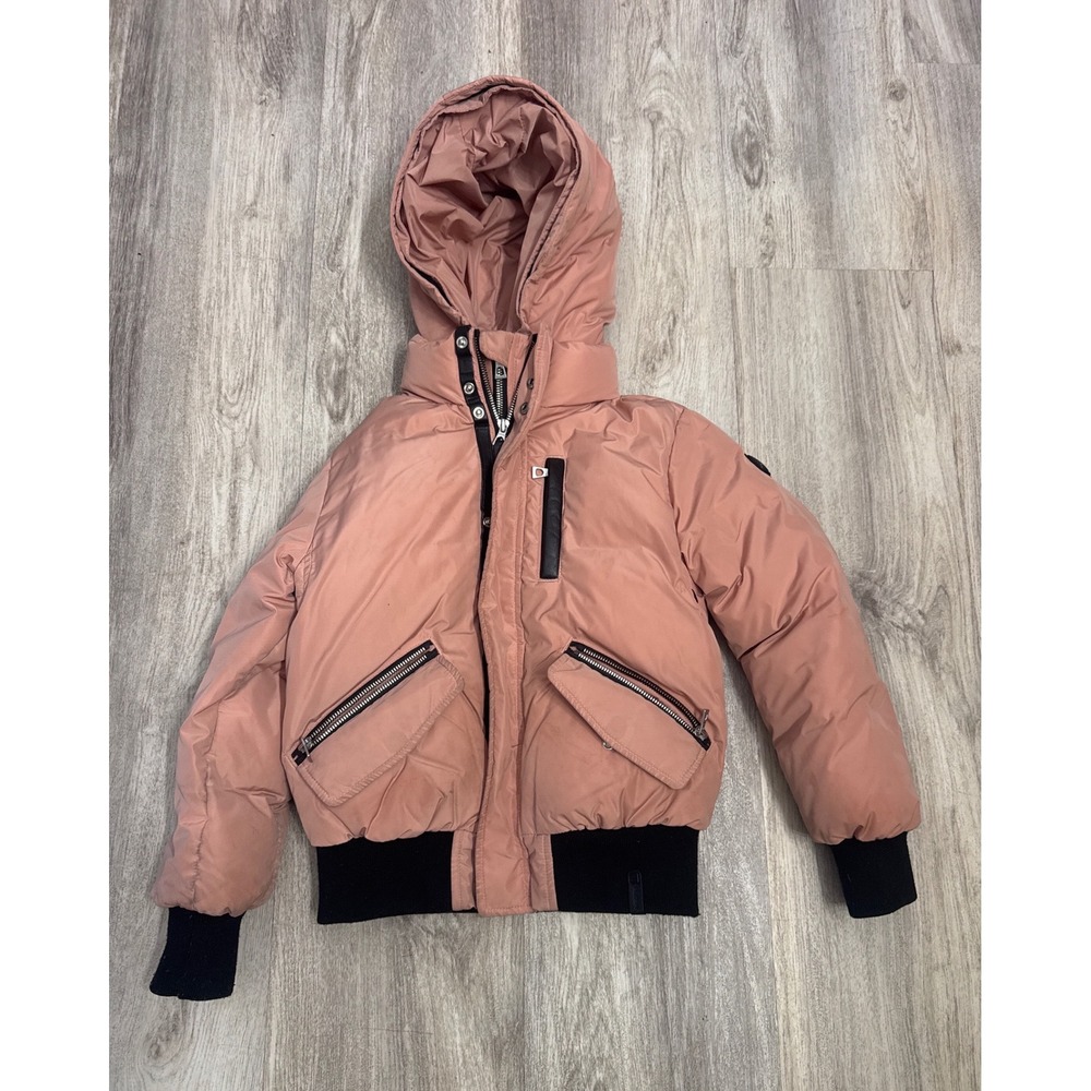 Rudsak‎ Kids Pink Down Bomber Jacket Hooded Puffer Coat Size 7/8 Leather Trim